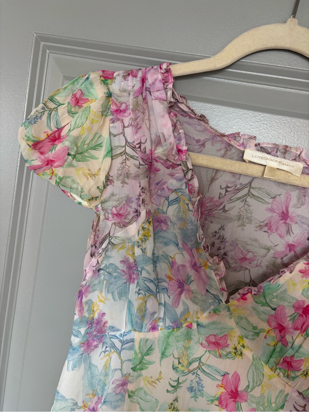 LOVESHACKFANCY Russ Silk Floral Print Mini Dress. Pink, Blue and Yellow print. - Picture 14 of 16